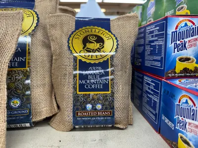 Fresh, roasted blue mountain coffee beans in a bag. 