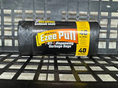 Small black garbage bags by Rhino (Ezee Pull). Dispensing role of 40 small garbage bags
