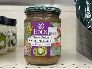Organically grown sauerkraut in a jar without vinegar.
