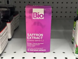 Saffron extract in capsule form. The form is crocus sativus (flower).