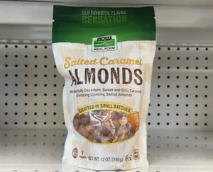 Salted caramel almonds in a resealable bag.
