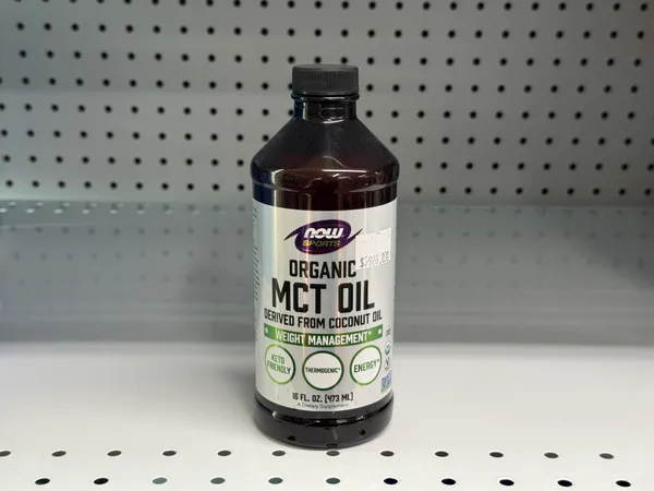 Organic MCT oil made from coconut oil.