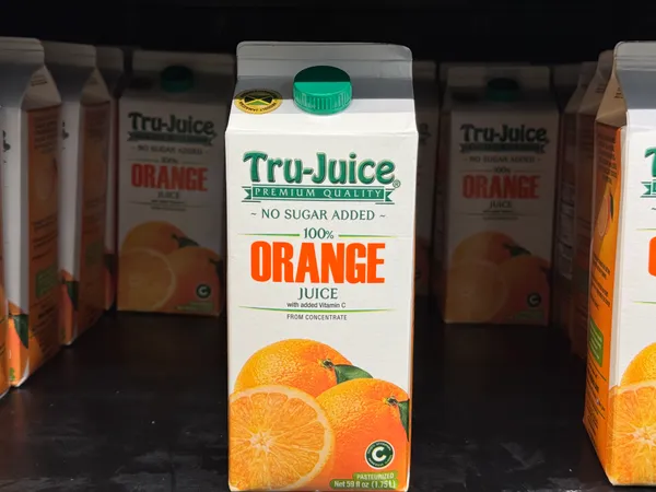 Boxed orange juice from concentrate with no sugar added. Vitamin C added.