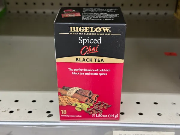 Spiced chai black tea with individually packaged bags to preserve freshness.